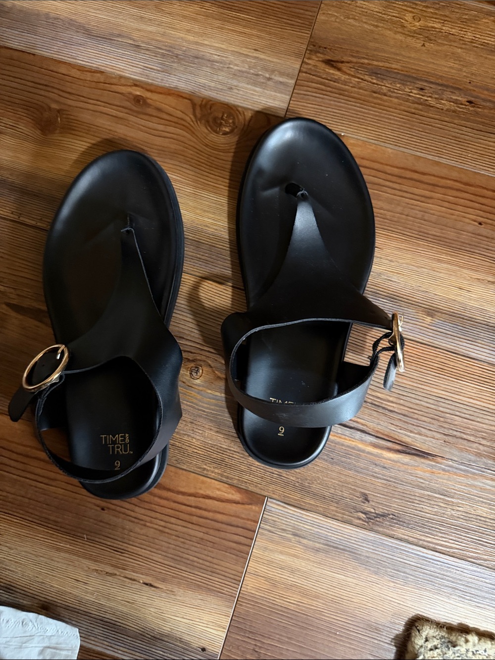 Time and Tru Black Toe-Thong Sandals with Gold Buckle